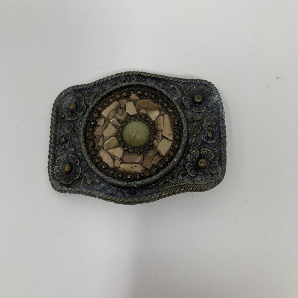 Western Belt Buckle Mens Gray Floral Metal Beaded Stone Mosaic Cowboy Rustic